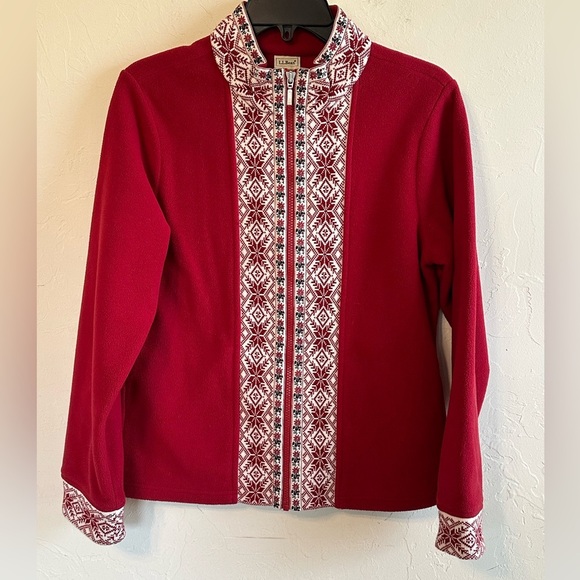 L.L.Bean Red & White Festive Winter Pattern Trim Fleece Cozy Holiday Jacket Sz M - Picture 1 of 11